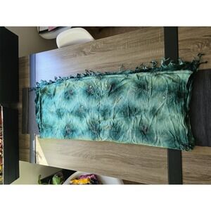 Green Embroidered Fringe Scarf